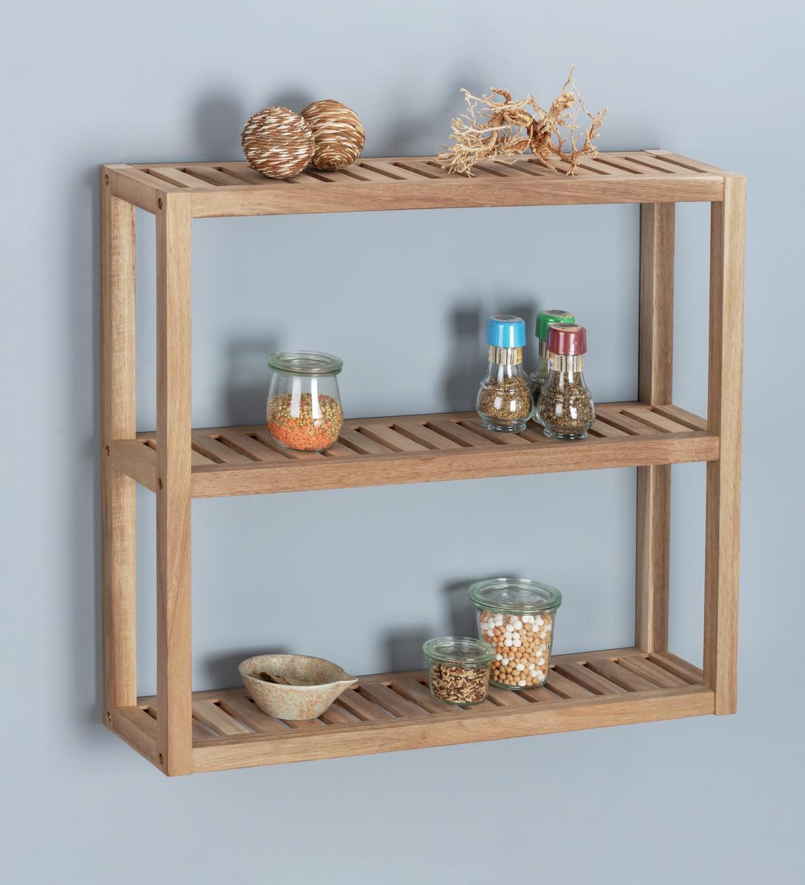 Wenko Acina Wall-Mounted Shelving Unit with 3 Trays, FSC Wood Shelves, 60 x 15 x 54 cm
