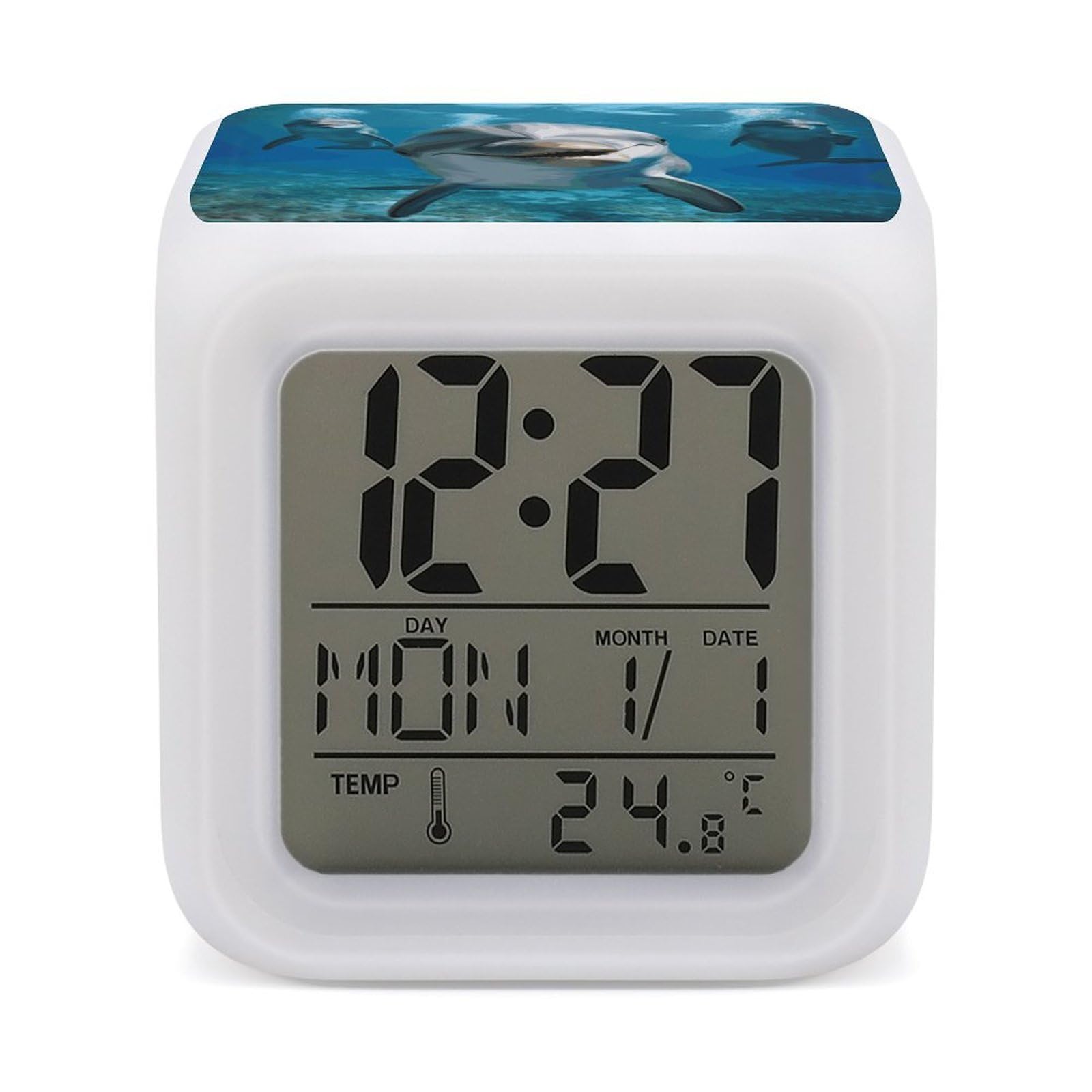 VstaDank Funny Dolphin Looking at You Alarm Clocks with 7 Color Changing Night Light Exquisite Bedroom Digital Clocks with LED Temperature Display Desk Clock Ok to Wake Clocks for Heavy Sleeper