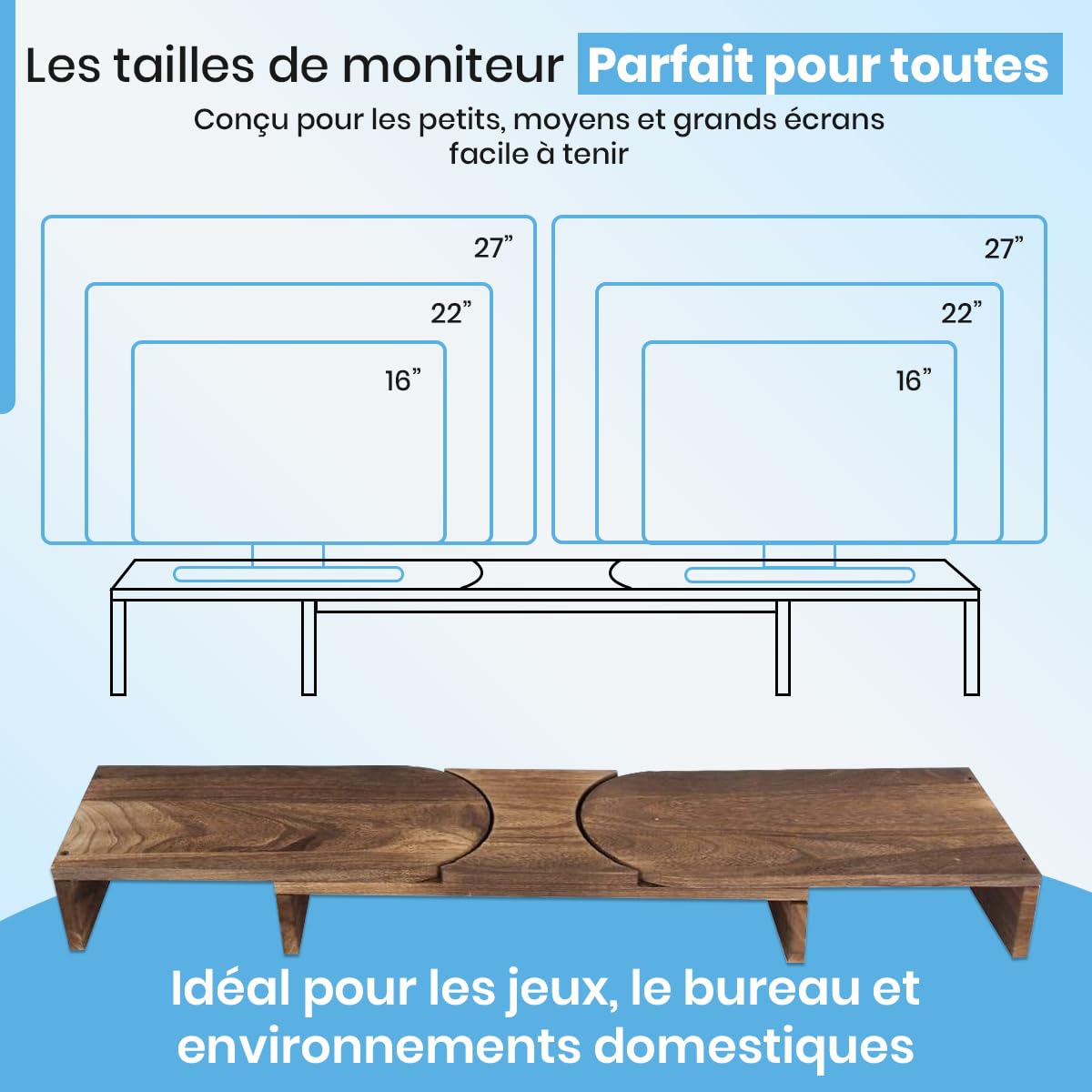 Fleau Rehausseur d'écran réglable Home - Support pour ordinateur portable - Organiseur de bureau ergonomique - Support pour deux écrans avec tiroir - Rehausseur - Bois