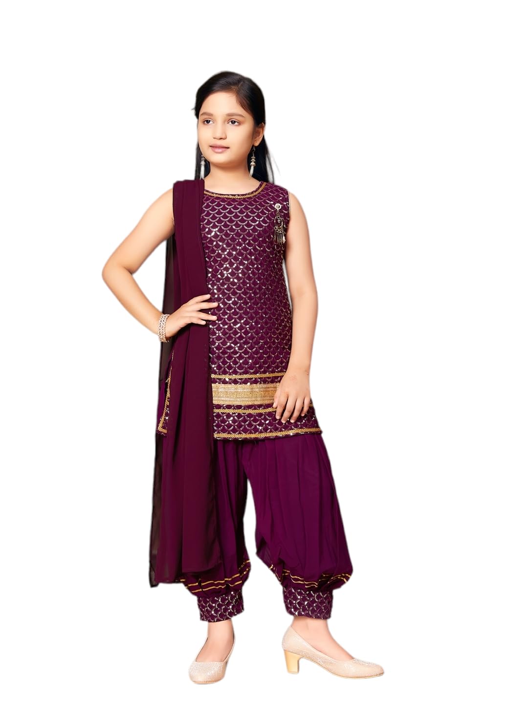 Aarika Girls Ethnic Wear D-Green Colour Sequin Embroidery Lace Work Georgette Kurti Patiala Set