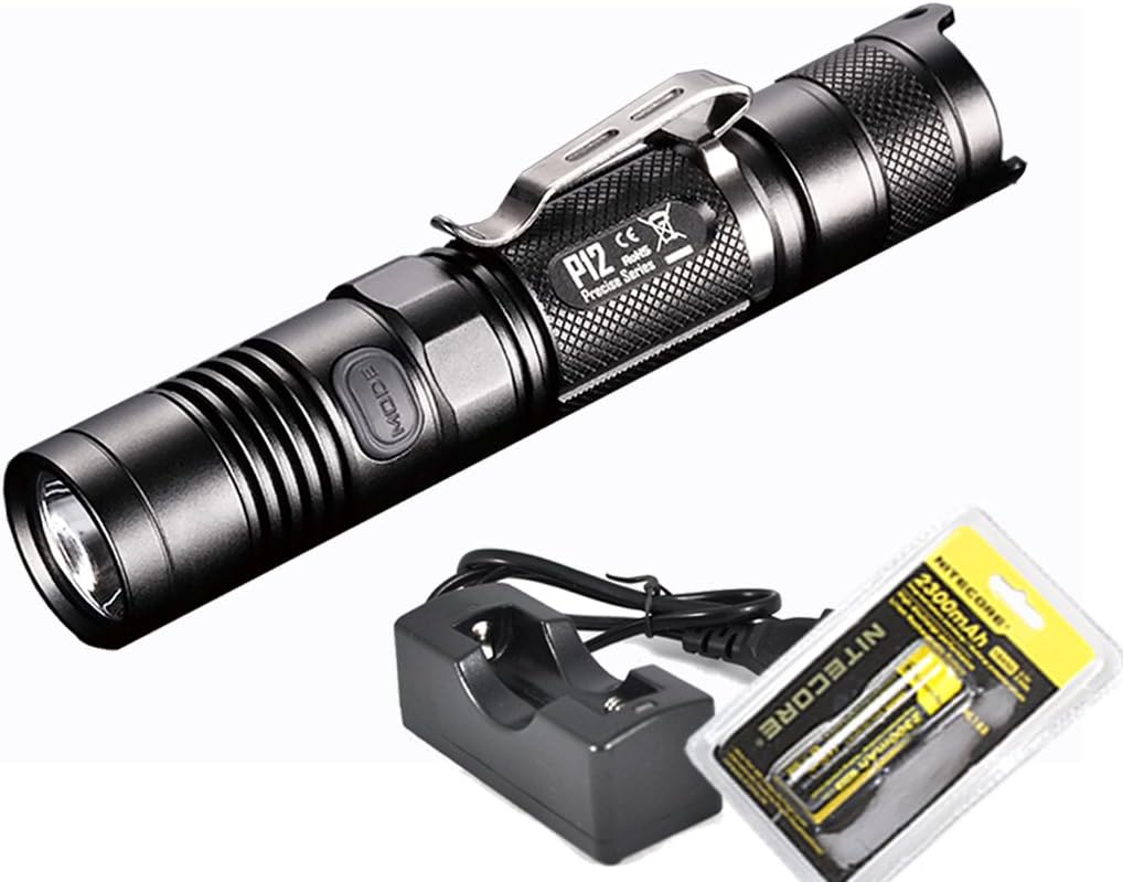 Nitecore Rechargeable Bundle P12 1000 Lumens Compact Tactical LED Flashlight, Genuine Rechargeable Battery and a LumenTac Charger