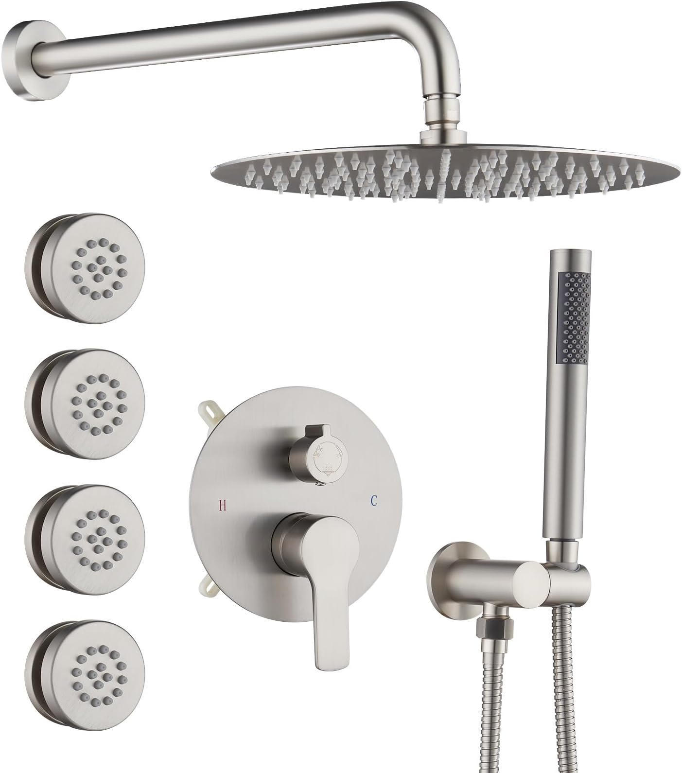 Iriber Brushed Nickel Round Rain Shower System with 4 PCS Body Jets 3 Function Shower Faucet Set Contain 12 Inch Shower Head and Handheld Wall Mounted Pressure Balance Shower Trim Kit (Valve Included)