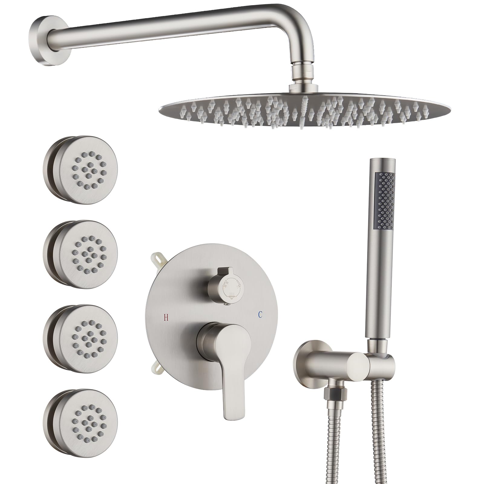 Iriber Brushed Nickel Round Rain Shower System with 4 PCS Body Jets 3 Function Shower Faucet Set Contain 12 Inch Shower Head and Handheld Wall Mounted Pressure Balance Shower Trim Kit (Valve Included)