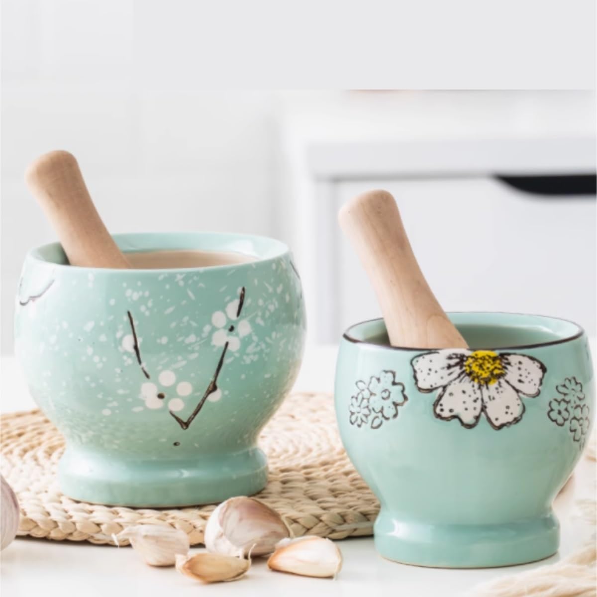 Zestaw MoźDzierza I TłUczka Ceramiczny Rozdrabniacz Czosnku, Domowy Zagęszczony Czosnkowy Młynek Do Słoików, Ręczny, Zestaw Tłuczków Produkcja Przypraw(Pink)