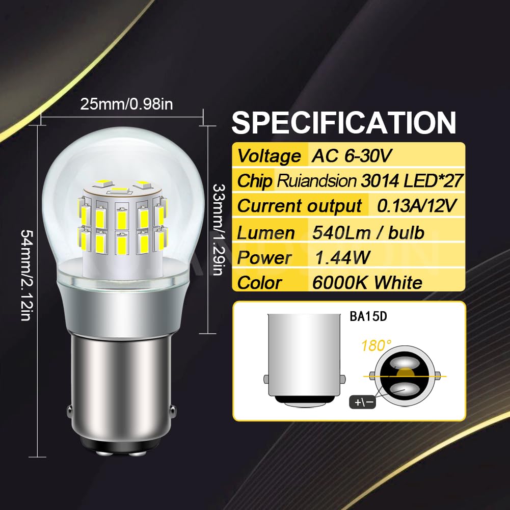 Ruiandsion BA15D LED 540lm Bianco per Camper Marine 6-30V 10 Pack | 27 chip 3014, tensione 6-30V, non polarizzato per DIY. Adatto a 1142. Confezione per barche e camper.