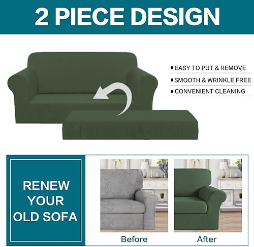 Vista 213 de Turquoize - Funda elástica para sofá de 2 piezas y 3 cojines, funda protectora lavable con elástico en la parte inferior, tela jacquard gruesa