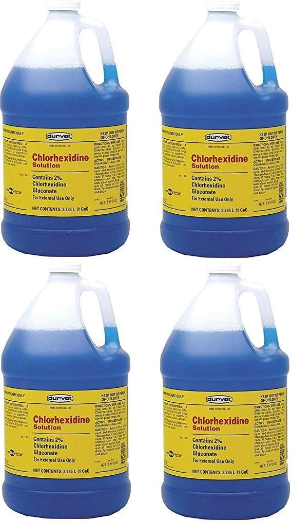 Durvet 4 Pack of Clorhexidine Solution for Horses and Dogs, 1 Gallon Each, for Superficial Cuts and Insect Stings