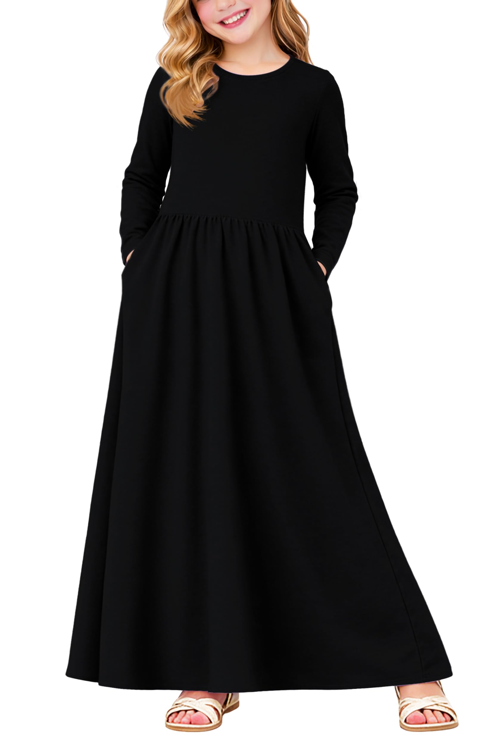 Girls Black Maxi Dress Long Dress Loose Fit Fall Winter Cotton Floor Length Long Dresses 13-14 Years