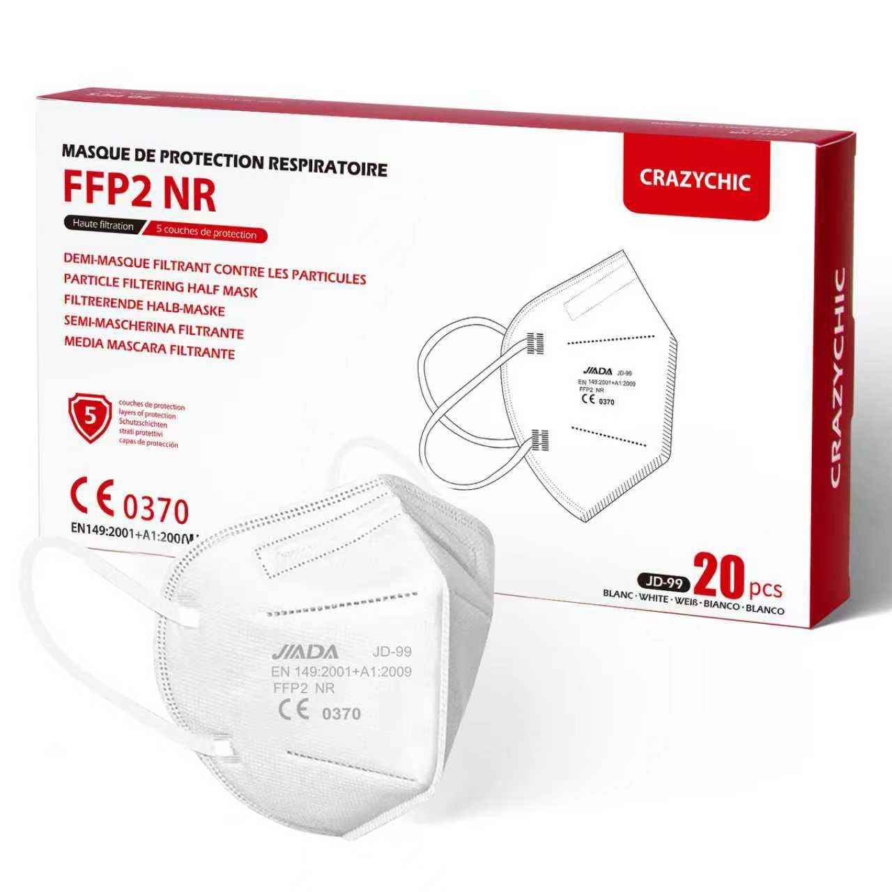 CRAZYCHIC - 20 Stück FFP2 Maske Atemschutzmaske - CE EN 149 Schutzmaske Weiß - 5 Lagen Hohe Filtration Maske - Mundschutzmaske - Staubschutzmaske Einzelverpackt