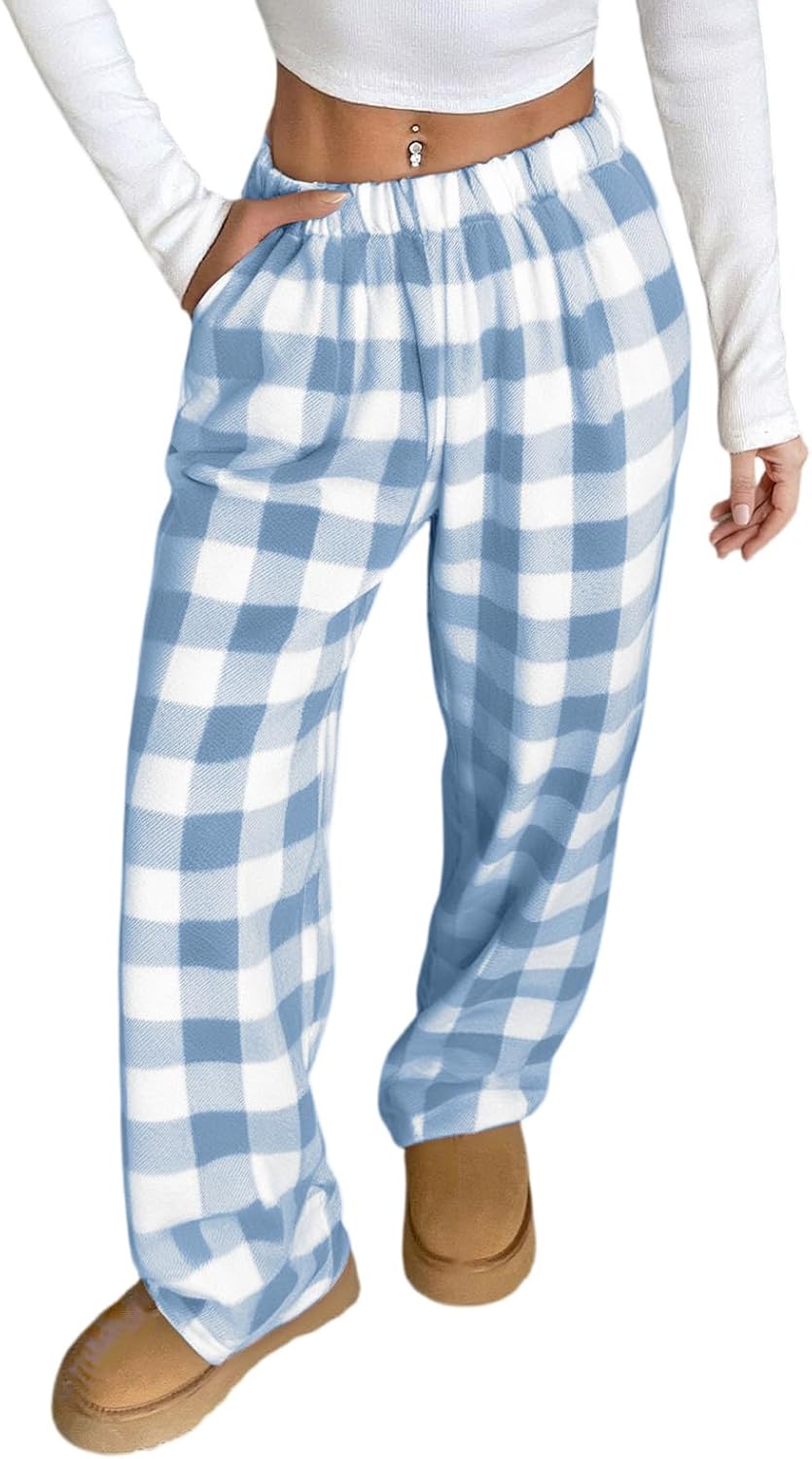 Pajama Pants Women Wide Leg Fuzzy Flannel Plaid Pant Fleece Cozy Lounge Pj Pants with Pockets Pajama Bottoms