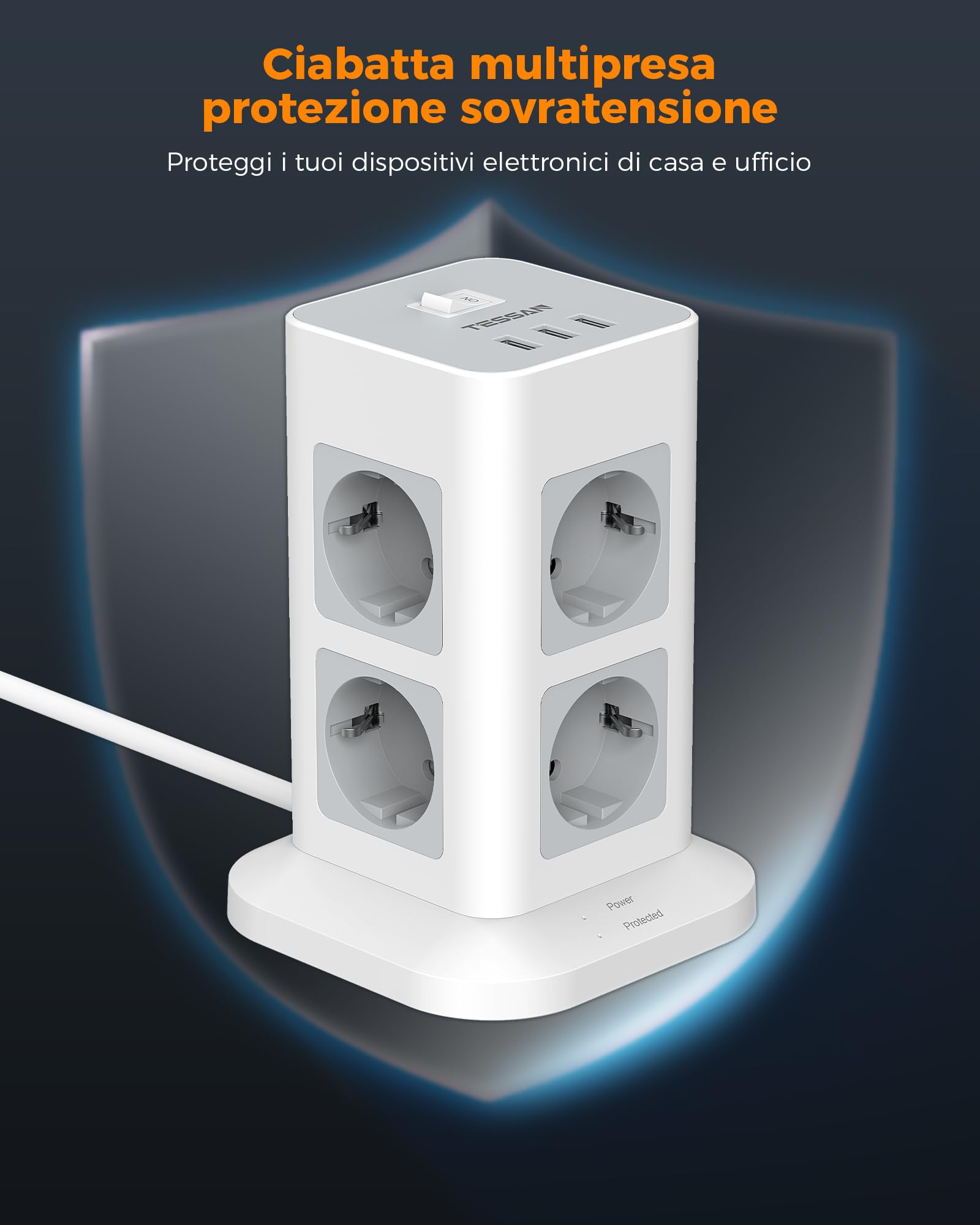 TESSAN Ciabatta Multipresa con USB, Multipresa Verticale con 8 Prese e 3 USB, Multi Presa Elettrica con Spina Piatta con Cavo 2M e Interruttore, 3600W