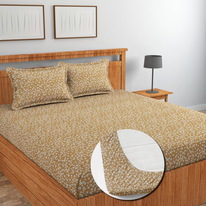 Image of NEW LEAF Glace Cotton Fitted King Size Double Bedsheets with 2 Pillow Covers | Elastic Fitted | Wrinklefree | Ultrasoft |Winter Bedsheet 220 tc tc Floral | 78 x 72+10 Inches, Beige