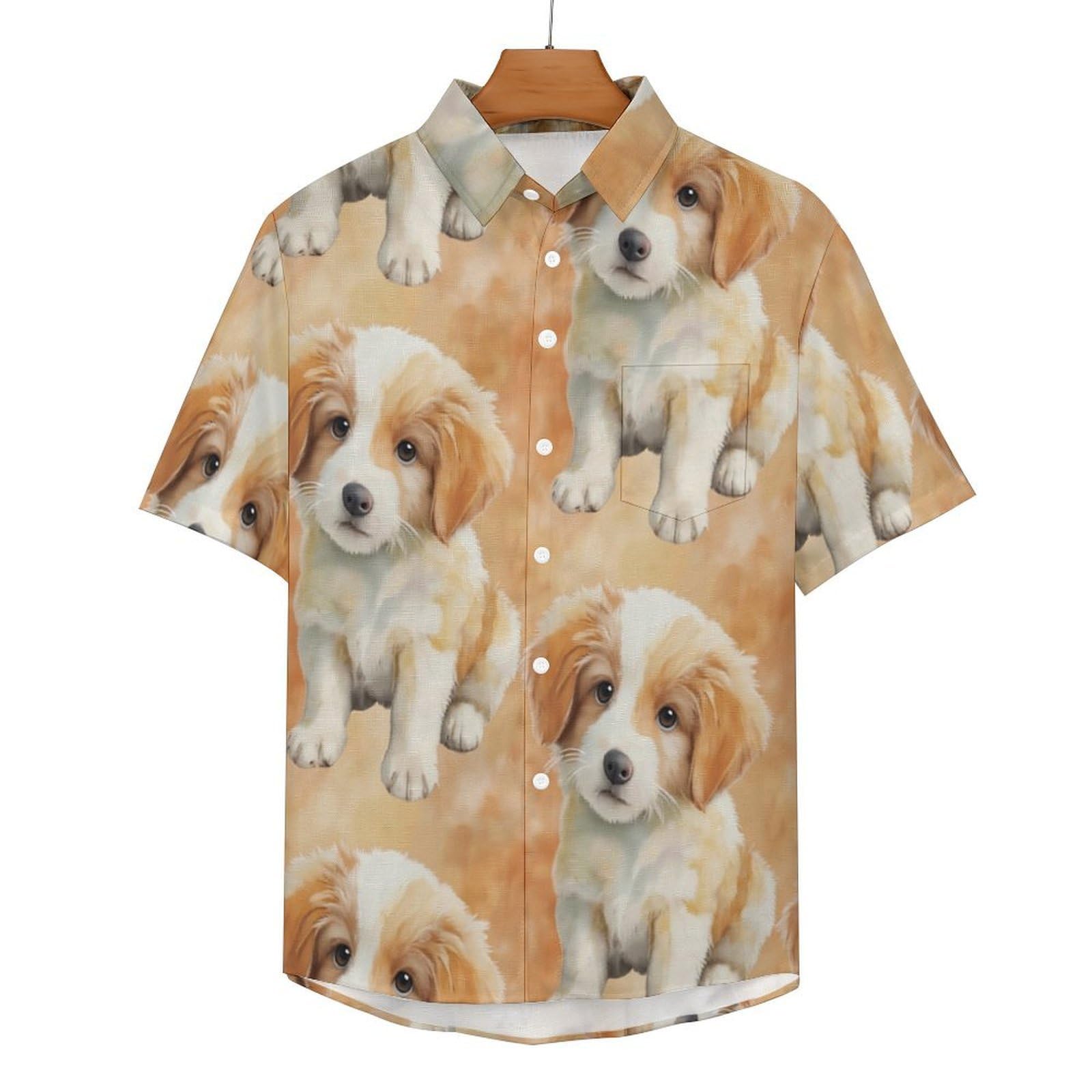 Camicie da Uomo a Maniche Corte con Stampa della Cucciolo Carino Animale Ad Acquerello, Casual Leggere Bottoni Camicia con Tasca Frontale, per Vacanze Spiaggia Estate