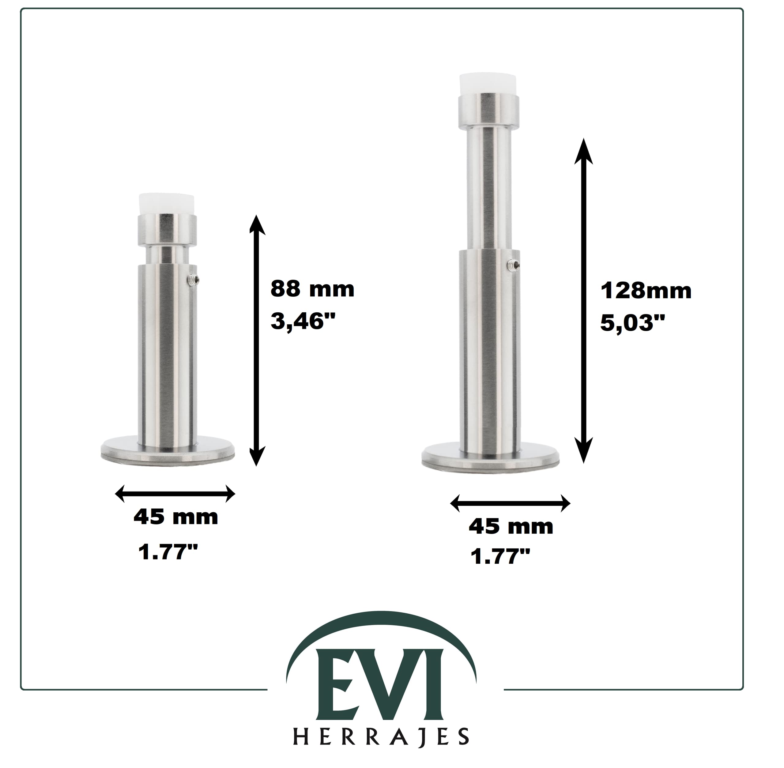 EVI Herrajes | Butée Murale Réglable De 88 à 128 Mm | Installation Double, Base Adhésive Ou Vis | Acier Inoxydable, Silicone Naturel Et Adhésif 3M | Protège Portes, Meubles Et Murs | 040258BDUALAM