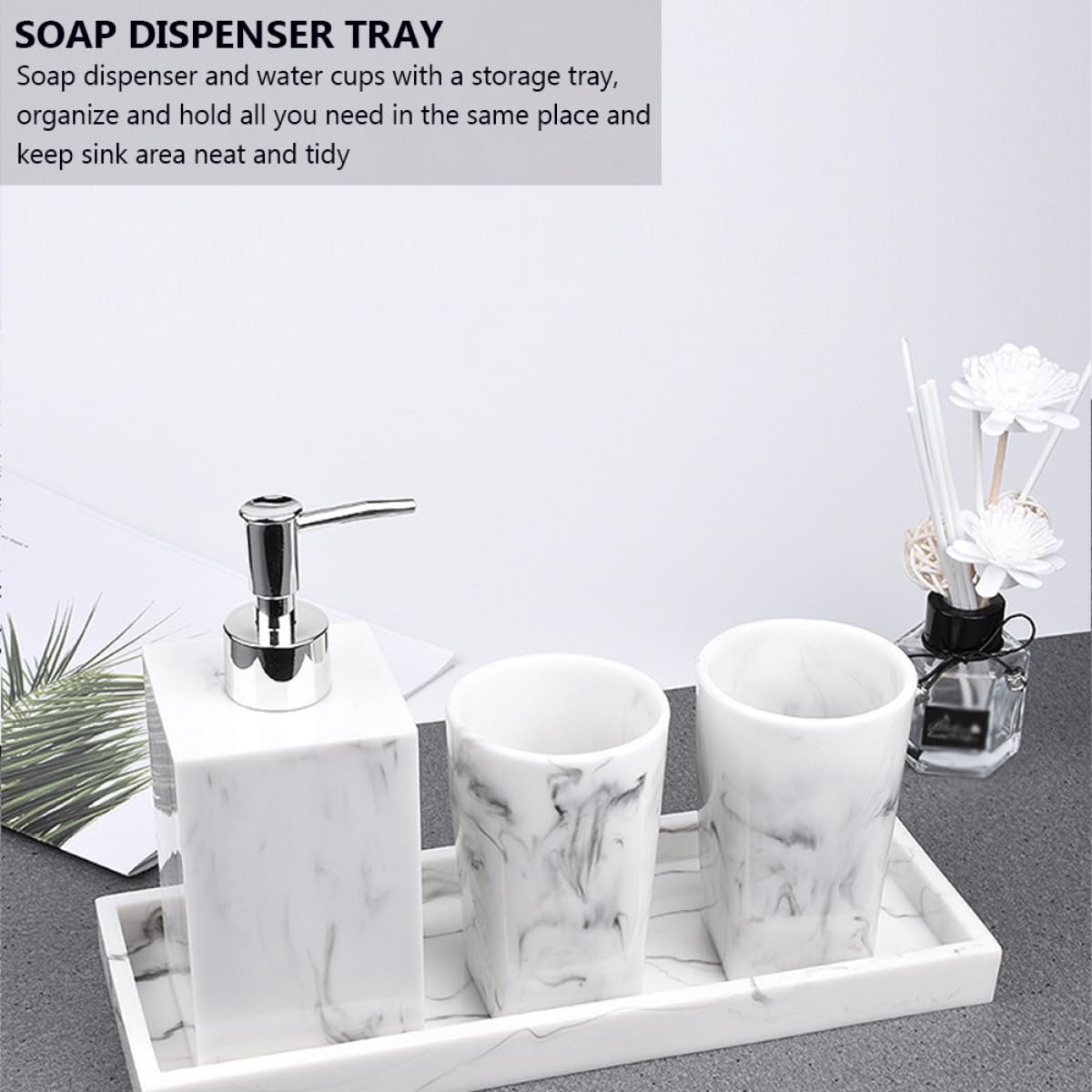 Dispenser di sapone bagno in resina nero con vassoio organizer, set 1 pezzo per bagno e regalo matrimonio