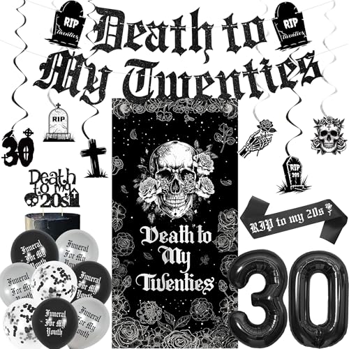 Vlipoeasn Death to My 20s Decorations for Her or Him Death to My Twenties Backdrop Banner Sash Cake Topper and Balloons for 30th Birthday Decorations Dirty 30 Year Old Birthday Party Supplies
