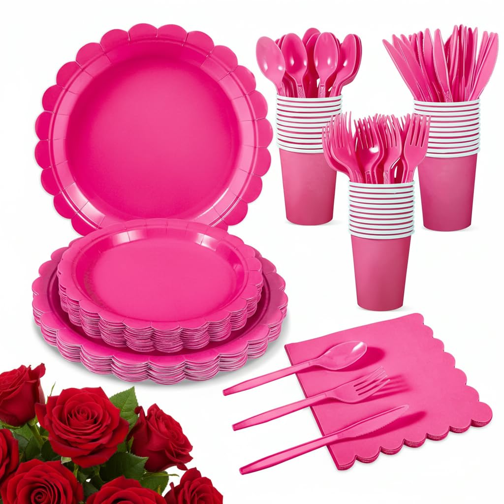 Xiangqu 175 Pcs Hot Pink Paper Plates and Napkins, 25 Guest Hot Pink Valentines Supplies Include Scalloped Valentines Day Plates Napkins Cups Plastic Cutlery Set for Birthday, Bridal Shower
