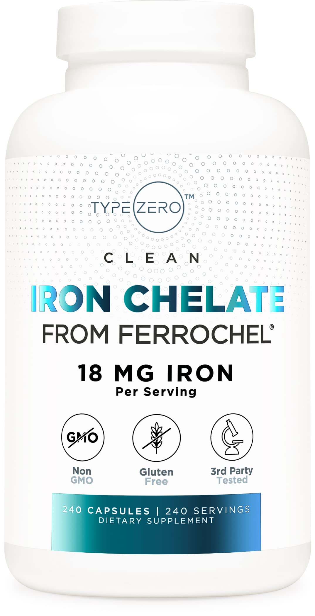 Type ZeroType Zero Iron Chelate Capsules (18 MG, 240 CAPS) from Ferrochel - Non-GMO and Gluten Free