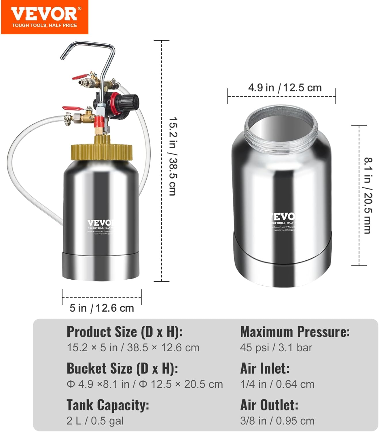 Diagram showing dimensions and specifications of VEVOR paint pressure pot