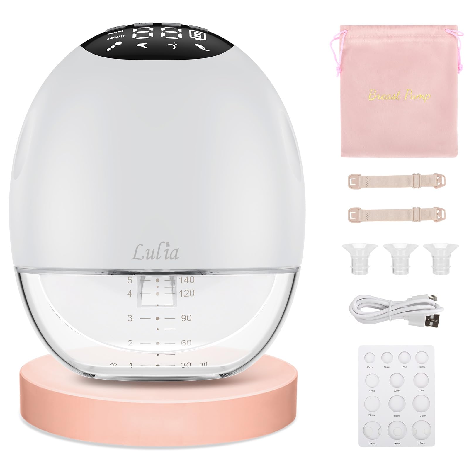 Tiralatte Elettrico Indossabile, 4 Modalità e 9 Livelli, Forte Aspirazione 380mmHg, Comfort, Resistente alle Perdite, Funzione di Memoria, Flange 17/19/21/24mm (1 Pezzo, Bianco)