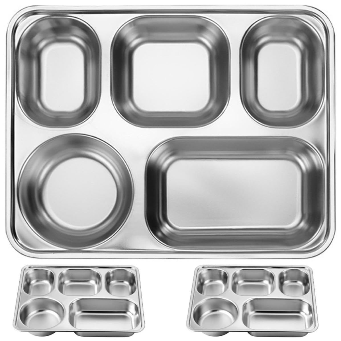 Assiette à Portion en Acier Inoxydable, Lot de 3, Rectangulaire Argenté | Plateau Repas Garçon et Filles Inox, Compartiments Séparés, Stable et Réutilisable, pour Pique-Niques et Hôtel