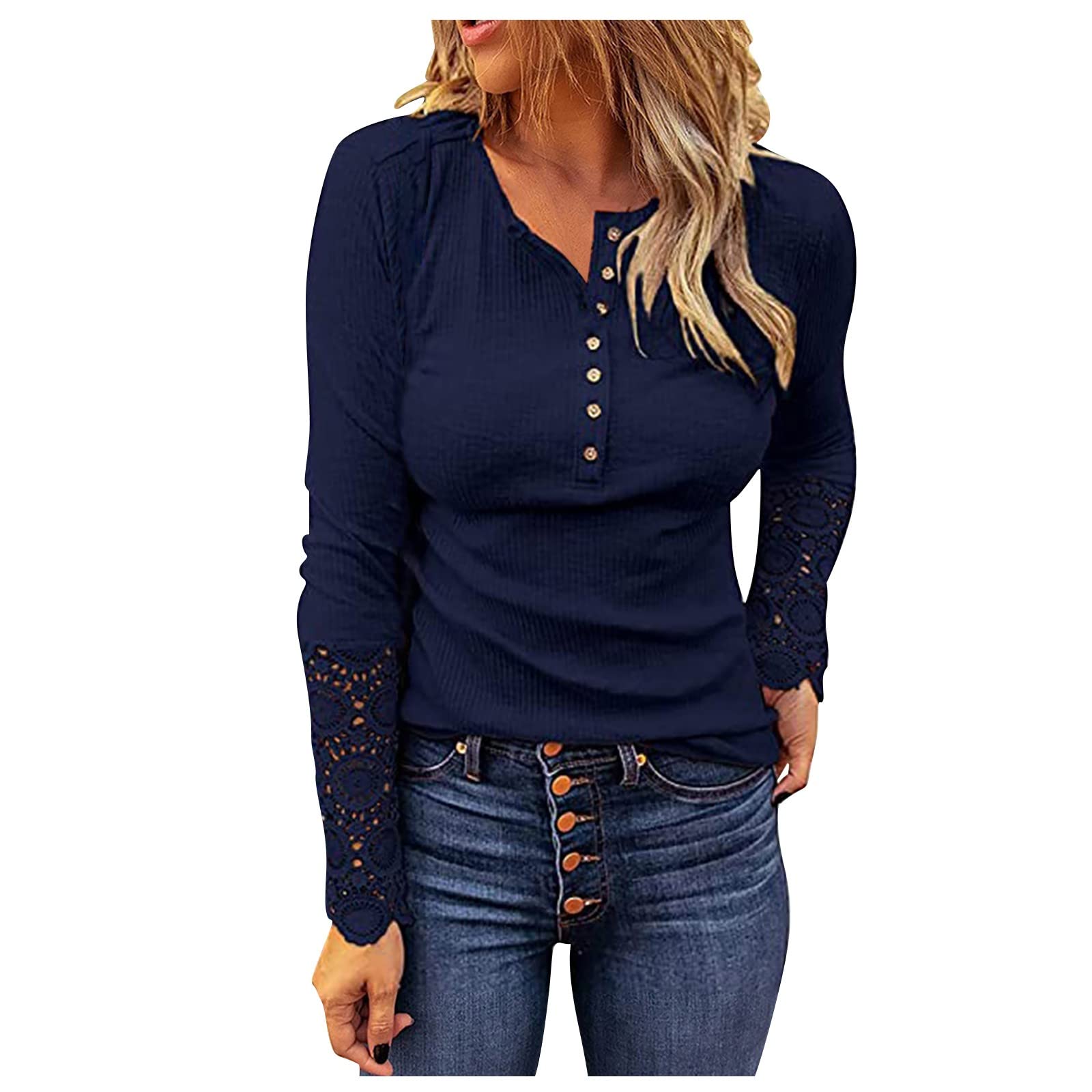 Womens Fall Fashion Ribbed Long Sleeve Scoop Neck Henley T Shirts Button Down Slim Fit Tops Solid Shirts