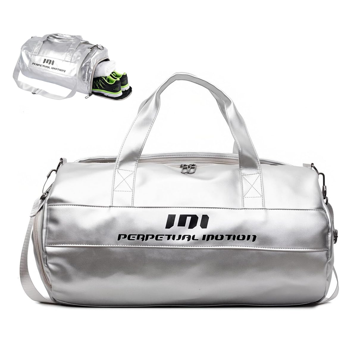 palay Large Sports Duffel Bag Gym Bag with Shoe Compartment and Wet Pocket PU Travel Duffel for Swimming Weekend and Overnight Use Silver Traveling-picture-54