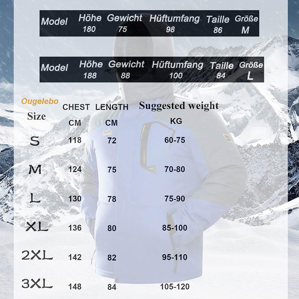 Ougelebo Wind- und Wasserdichte Winterjacke Herren Warme Skijacke Gefütterte Outdoorjacke mit Abnehmbarer Kapuze