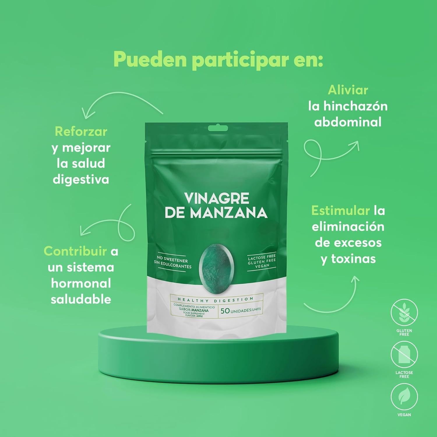 Gomidas de Vinagre de Manzana Premium | 50 Gomitas, Dosis Diaria 2 | Sin Azúcares Añadidos