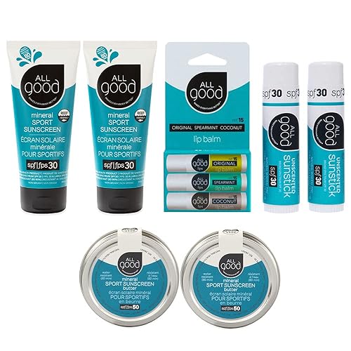All Good Mineral Ultimate Sun Care Set Paquete de 3 bálsamos labiales SPF, 2 lociones de protección solar, 2 mantequillas solares de zinc y 2