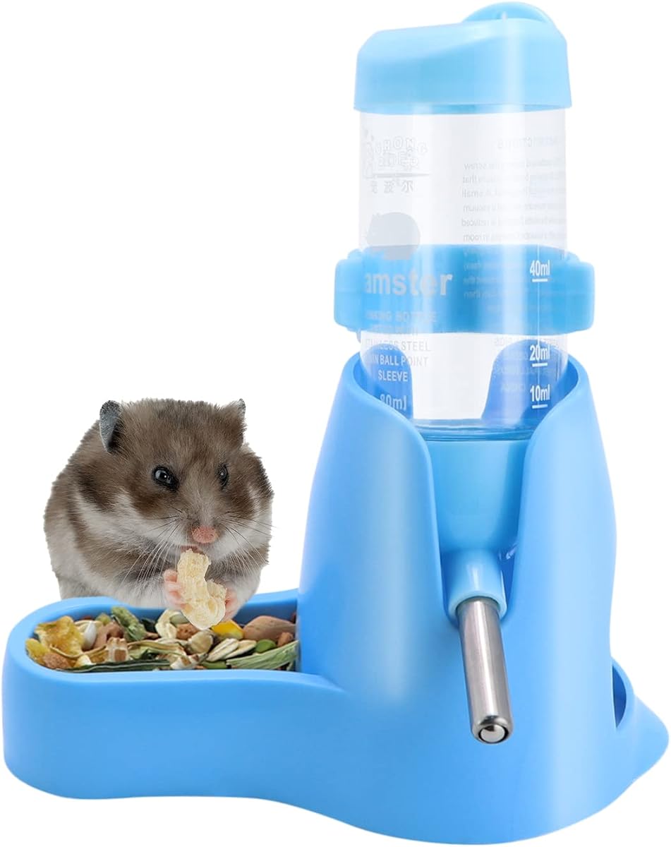 Wontee Botella de agua para hámster 3 en 1 con base escondida para cuenco de comida, 80 ml, azul | Dispensador de agua, contenedor de comida, escondite, base estable, fácil de rellenar, para tanque/jaula de vidrio, hámster enano/ratón/jerbo, 2,7 oz