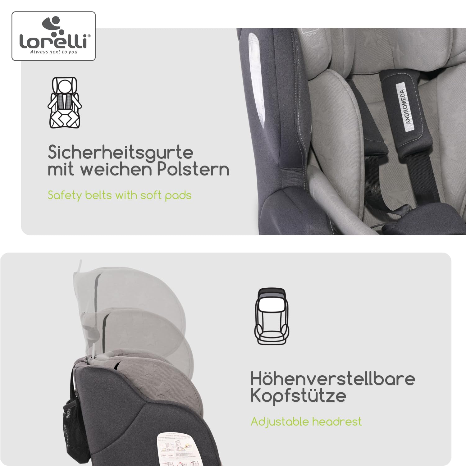 Lorelli Auto Kindersitz Andromeda mit Isofix i-Size, Mitwachsender Autositz für Kinder von 76-150 cm, Babysitz, Autokindersitz, Einstellbare Kopfstütze, 5-Punkt-Sicherheitsgurt, hellgrau
