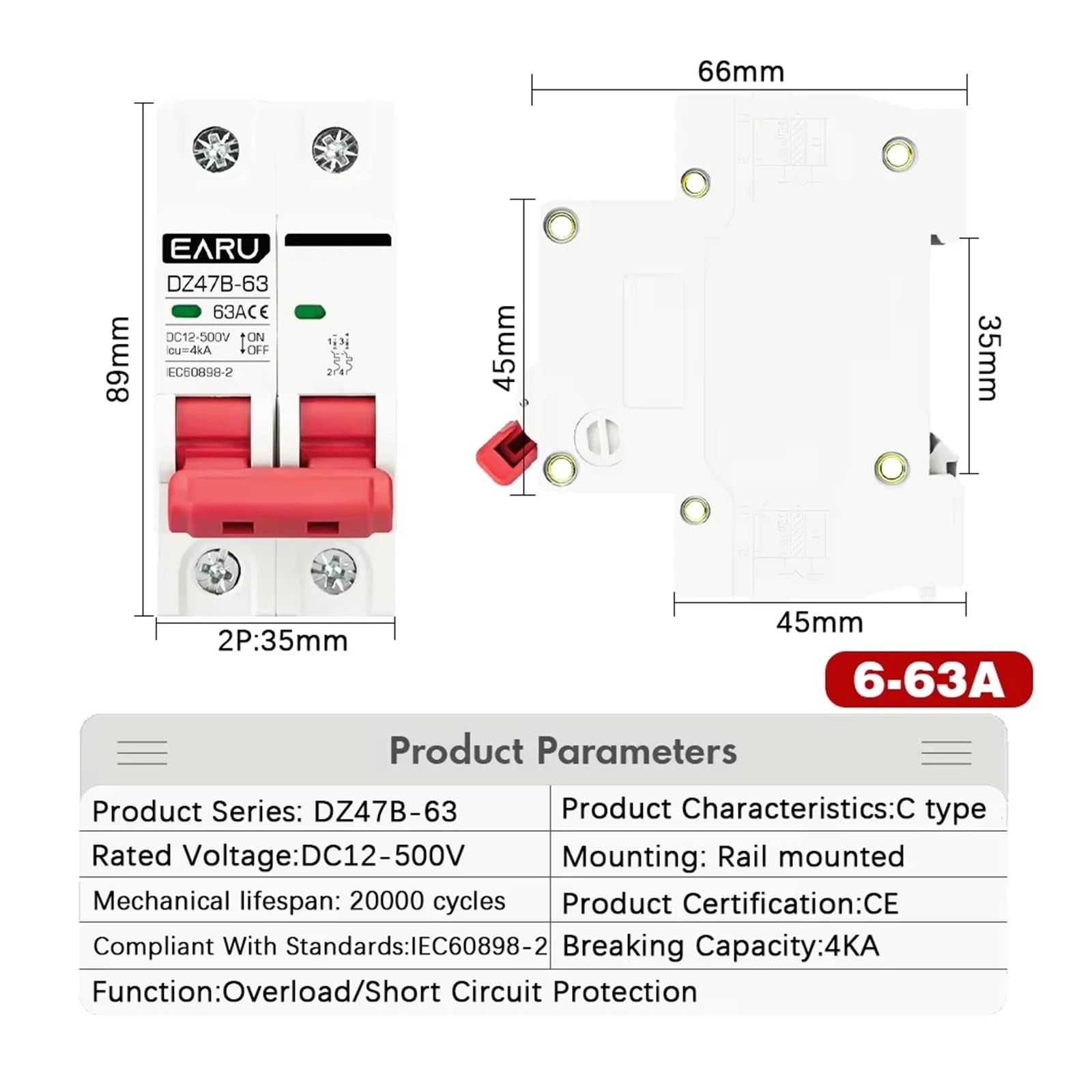 Disyuntor MCB 2P CC, 12 V, 24, 48, 500, Protector de batería for Coche DZ47, protección Polo Positivo y Negativo, Interruptor aislador(10A)