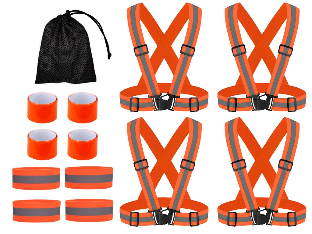 Gilet Catarifrangente ad Alta Visibilità 4 Pezzi con Braccialetti Riflettenti e Borsa, per Corsa Ciclismo