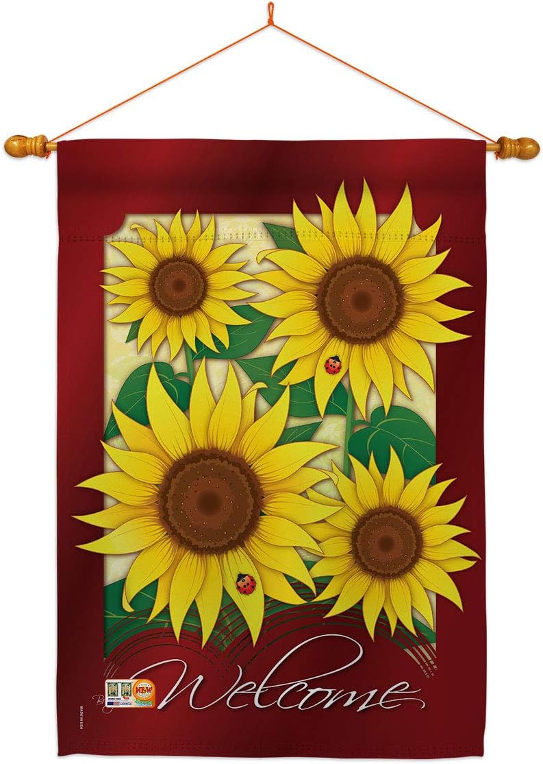 Welcome Sunflowers House Flag Garden Floral Sunflower Tulip Rose Orchid Lilies Season Springtime Flower Wreath Small Decorative Gift Yard Banner Made In USA 28 X 40