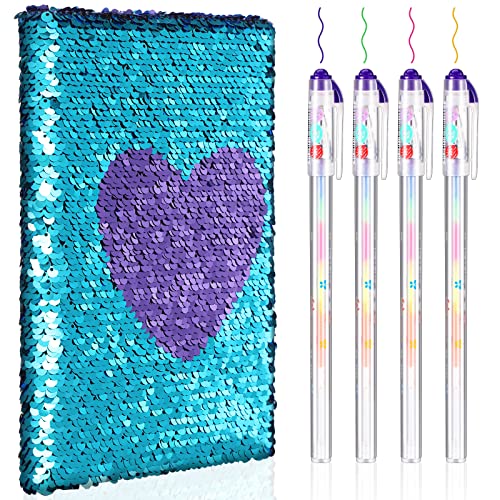 Image of Outus 4 Pcs Sequin Girls Journal Valentines Journal Gift with Color Gel Ink Pens Glitter Notebook Flip Writing Diary for Kids Girl Writing Drawing Travel Gifts(Blue Purple,Heart)
