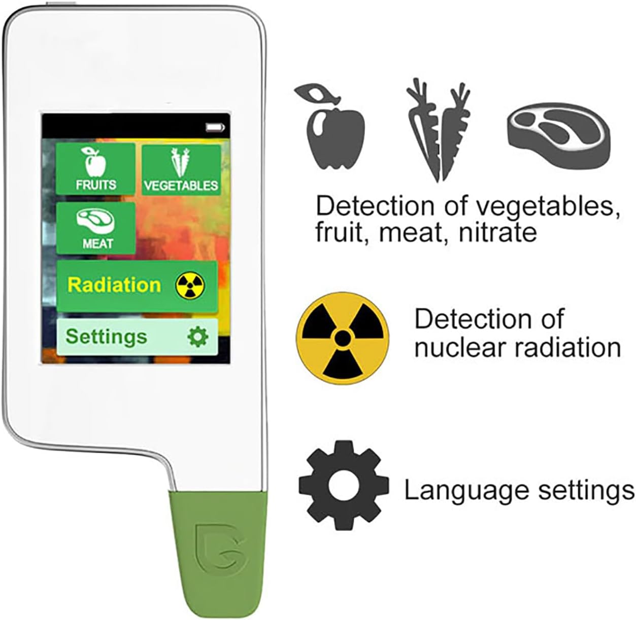 Screenshot of the ERICAT Food Nitrate Tester's menu showing options for Fruits, Vegetables, Meat, Radiation, and Settings, with icons for each.