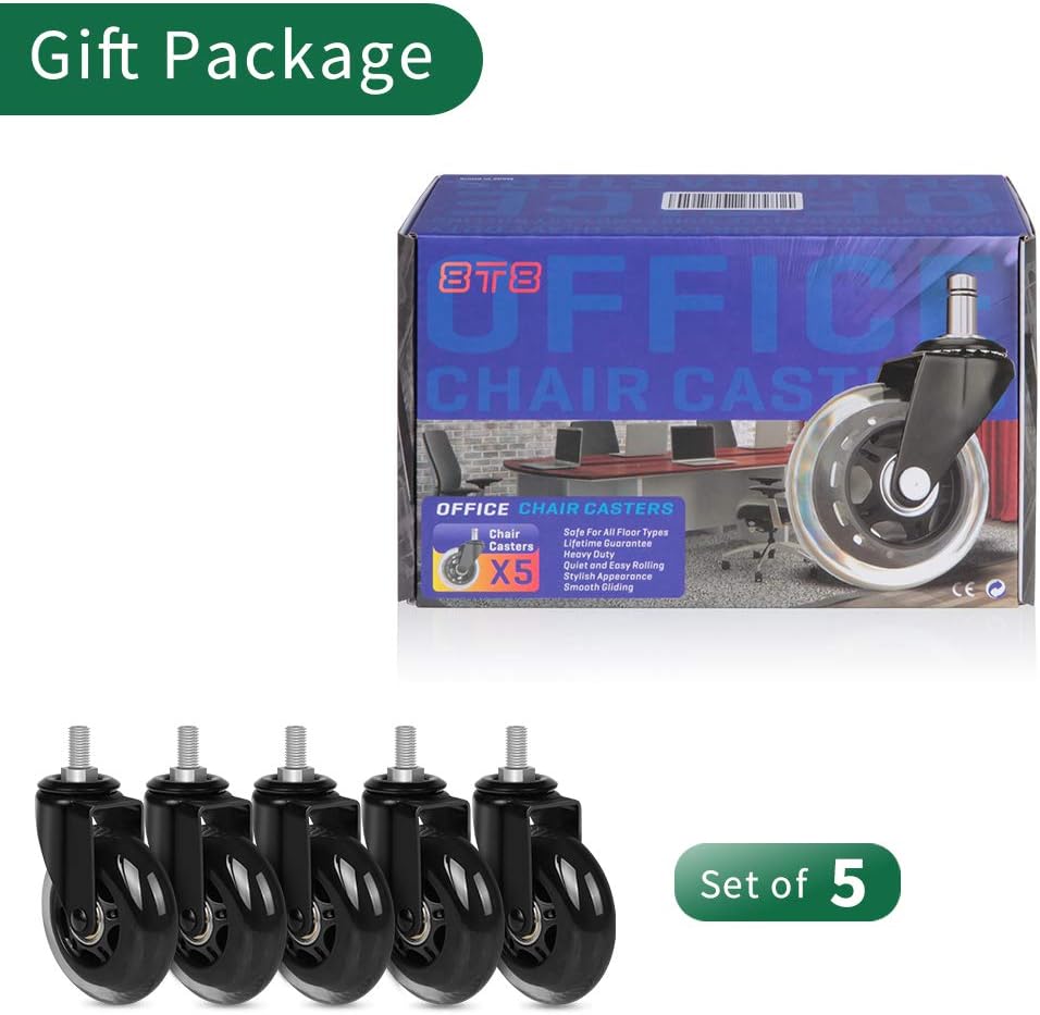 Flаѕh Dеаlѕ - 40% оƒƒ Replacement Office Chair Caster Wheels by 8T8, Set of 5, Rubber Chair Casters with Threaded Stem 3/8''-16X1(NOT METRIC M10), Quiet and Smooth Gliding,Safe for Woood Hardwood Carpet Floors