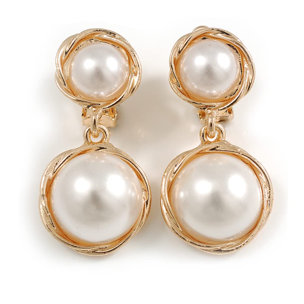 Boucles D'oreilles Dormeuses Doré Antique - Fausse Perle Blanche - Neuves