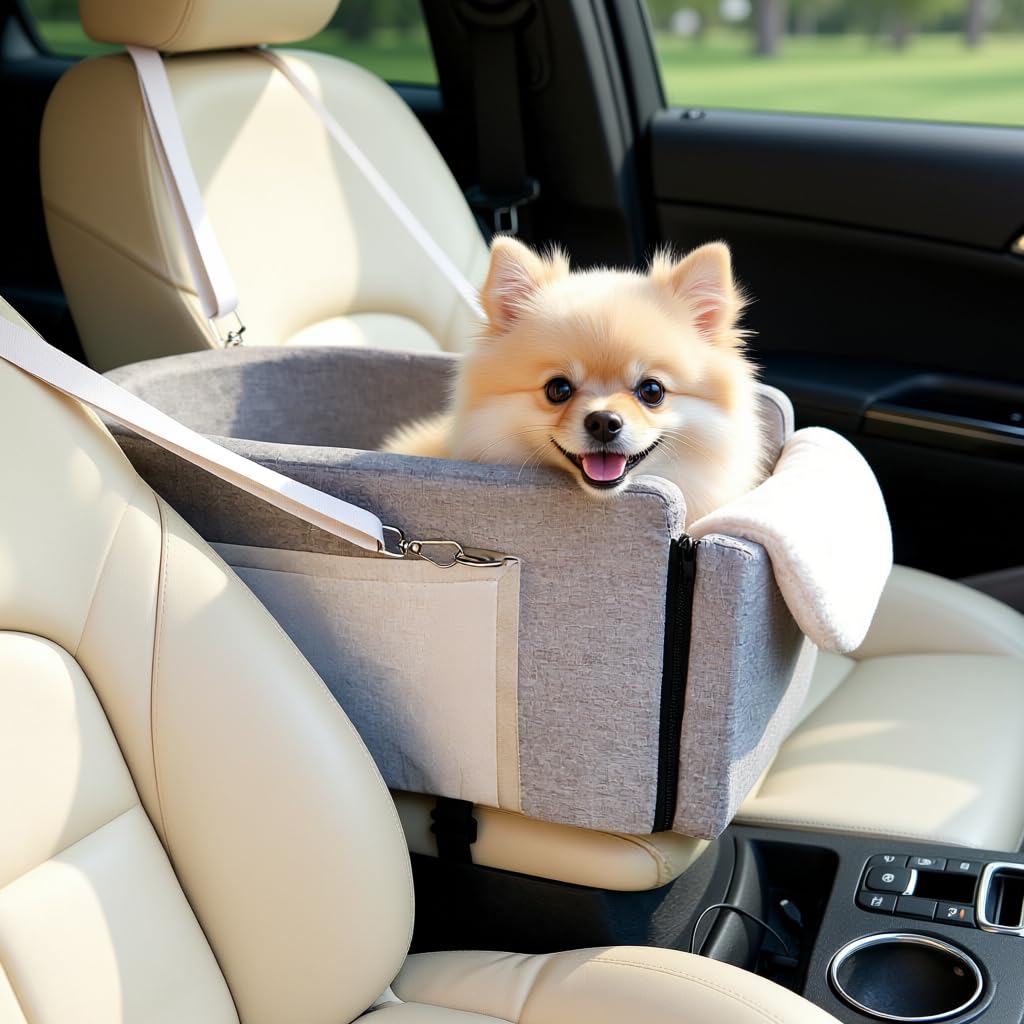 LUMIES Multi-Function Small Dog Car Seat Center Console & Carrier - Sturdy Console Dogs Car Seats for Small Dogs & Cats, Pet Dog Bed for Cars Back Seat for Up to 11 lbs, 19 x 10 x 9.5 Inches, Gray