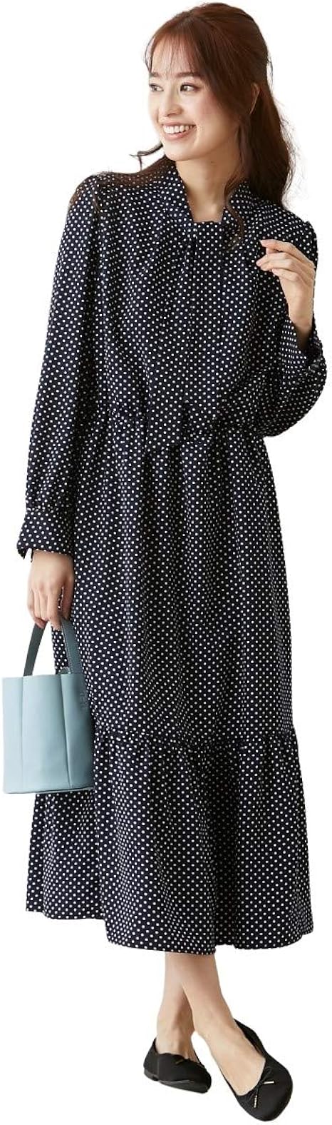 Amazon Co Jp Nissen ニッセン ワンピース ドレス 水玉 ドット ワンピース 大きいサイズ ドットシフォンボータイワンピース フェミニンストーリー ネイビー Ll 服 ファッション小物
