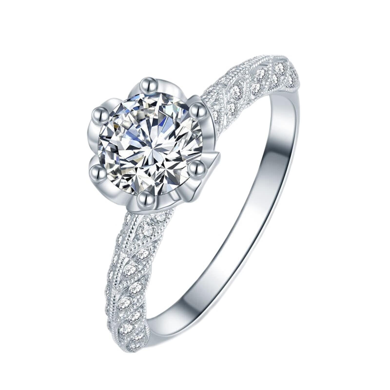 14 Karat Weißgold Ring Für Freundin Labordiamant Weiß, Eternity Ring Gedrehte Blätterblume, 6-Zackiger Labordiamant, 1 Karat