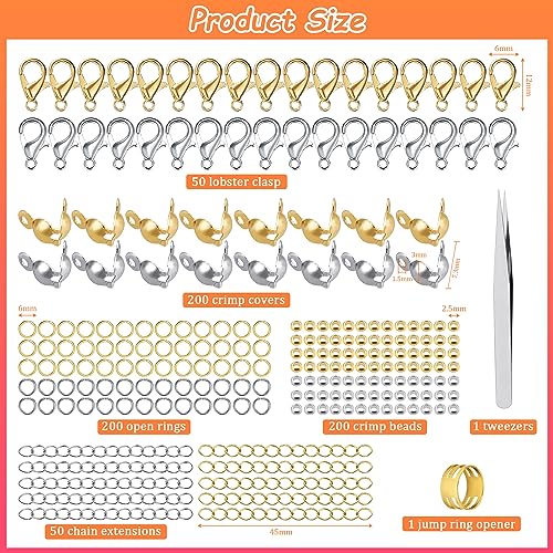 SOSMAR 902 Pcs Jewellery Clasps Set, Lobster Clasps with Jump Rings, Crimp Covers, Crimp Beads, Chain Extender & Tweezer - Image 4