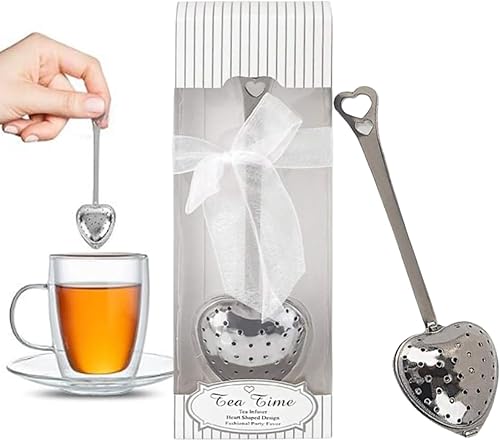 RoseAuroma - Juego de 20 infusores de té de acero inoxidable, cuchara de agarre largo, filtro de hojas de té sueltas en forma de corazón, colador de