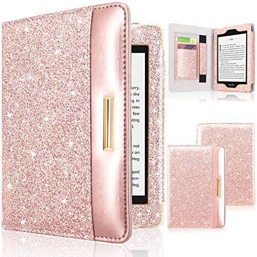 DMLuna Case for Kindle Paperwhite Cover, Fits All-New 10th Generation 2018 / All Paperwhite Generations, Smart Protective PU Leather Case, with Auto Sleep Wake, Hand Strap, Card Slots - Glitter Rose