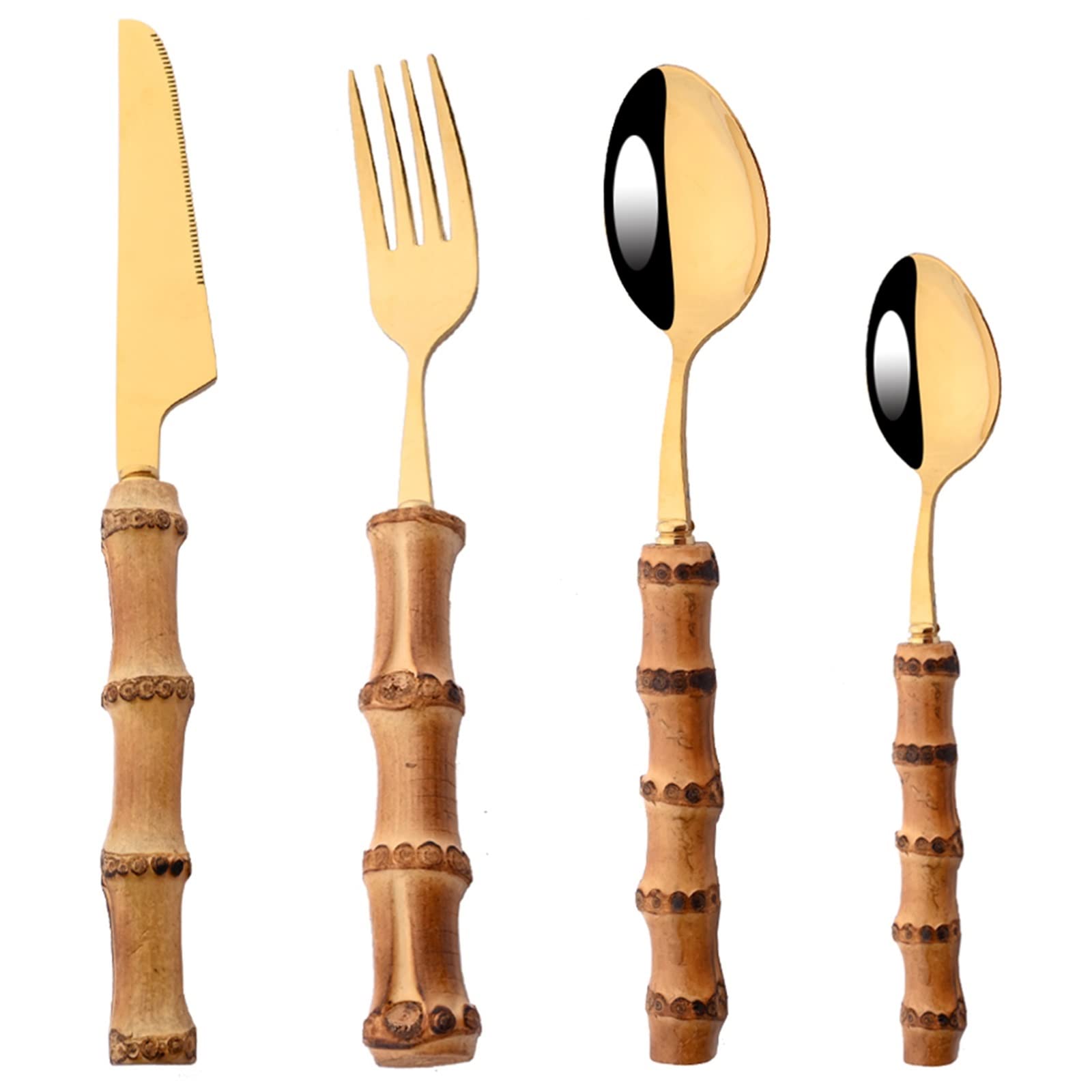 Juego de vajilla de 4/8/16/24 piezas con mango natural, cubiertos de acero inoxidable, cuchillo, tenedor, cuchara, vajilla plateada (color: plata, tamaño: 24 piezas) (oro, plata 16 piezas)