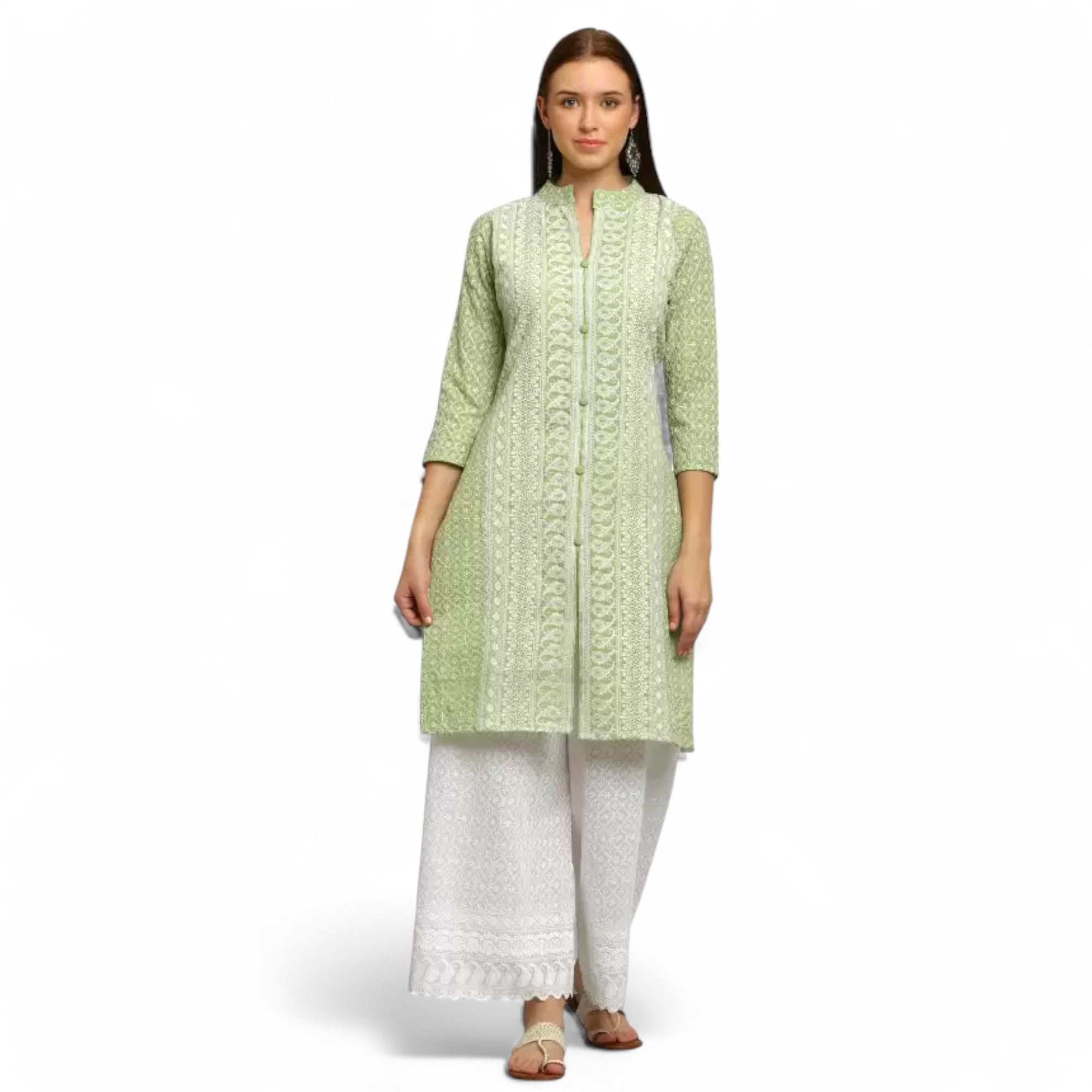 RangMahal Damen Baumwolle Indisch Handgefertigt Lucknowi Chikankari Kurta Palazzo Set Traditionelle Kleidung