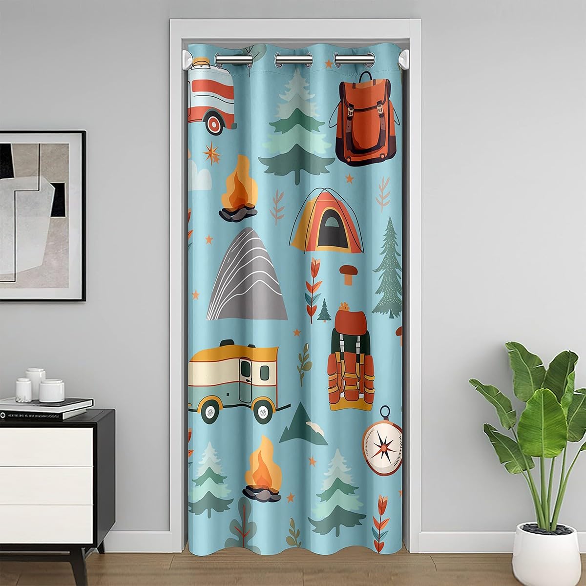 jejeloiu Happy Camping Door Curtain for Doorway Privacy 42x84 Inch 1 Panel Outdoor Travel Closet Cover Travel Bag Tent Print Room Divider Curtain Travel Trailers Themed Bedroom Living Room Camping