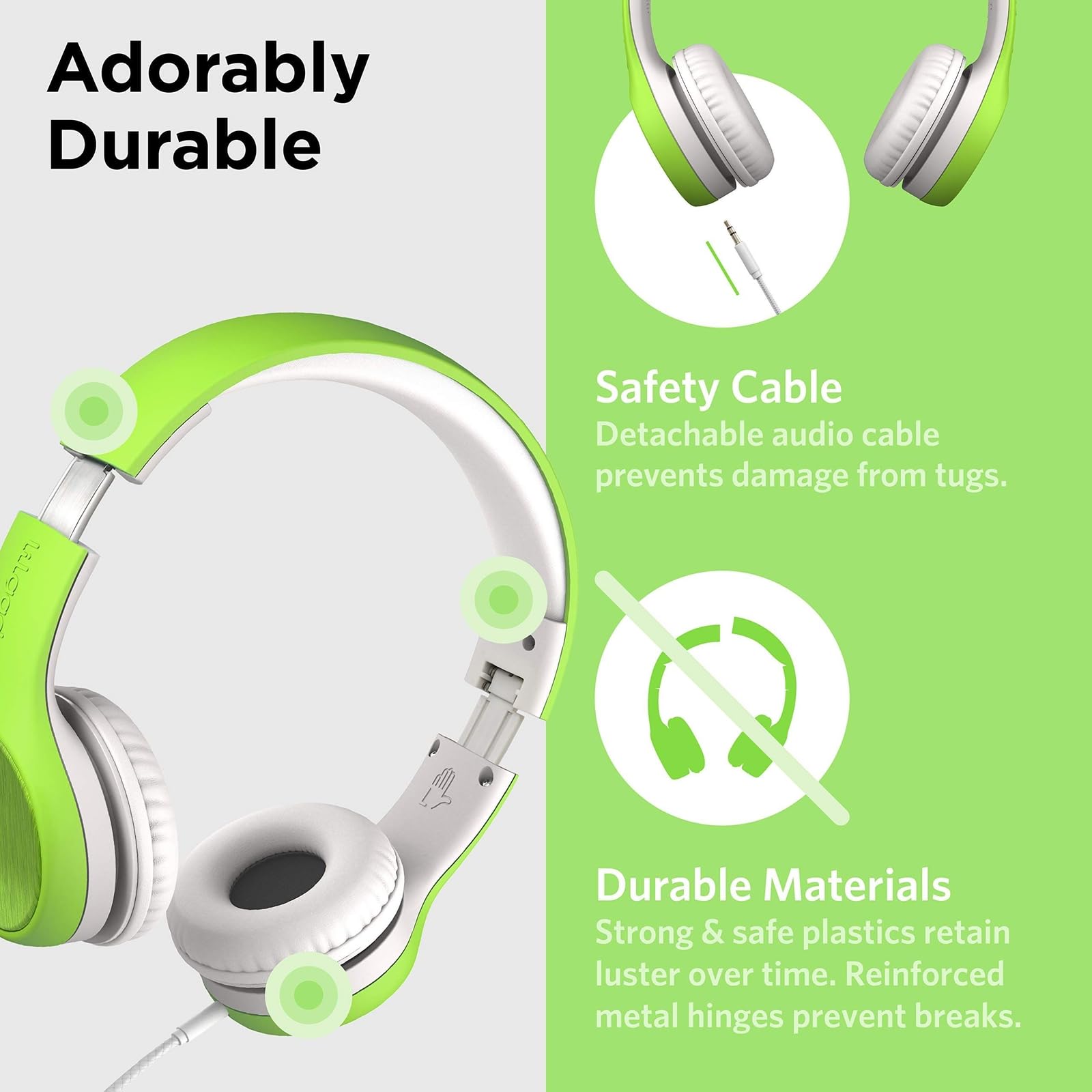 LilGadgets Estilo Connect+ Auriculares con Cable de Volumen Limitado con Puerto compartido y micrófono en línea (para niños, niños pequeños) Verde
