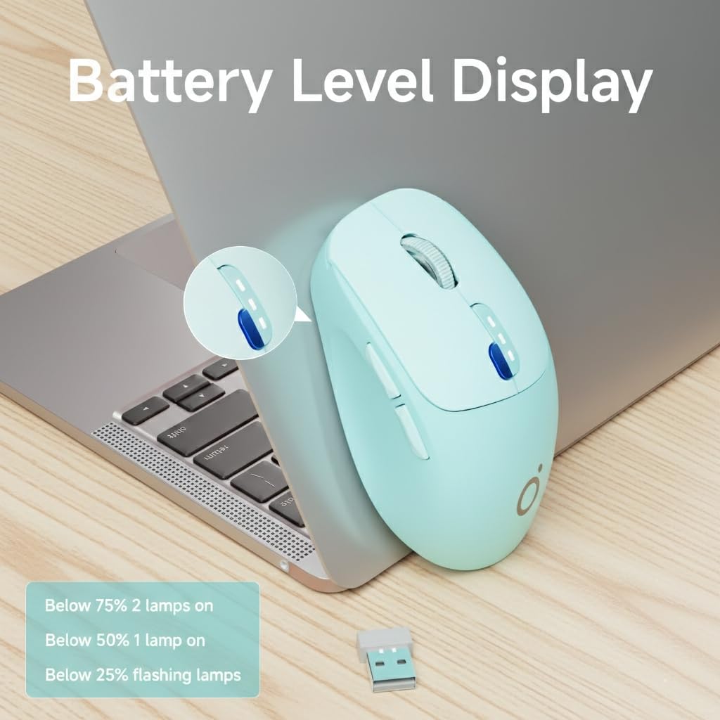 SEUNKWANG EWEADN Q5 Wireless Mouse, tooth & 2.4G Quiet Computer Mouses with Battery Level Display, 1600 DPI, Ergonomic Office Mouse, 6 Button Portable Cute Computer Mouse for Laptop/PC/Mac - Blue: Grey